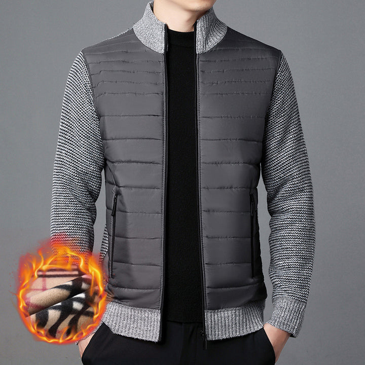 Men's Stand Collar Stitching Velvet Padded Sweater Knitwear Coat