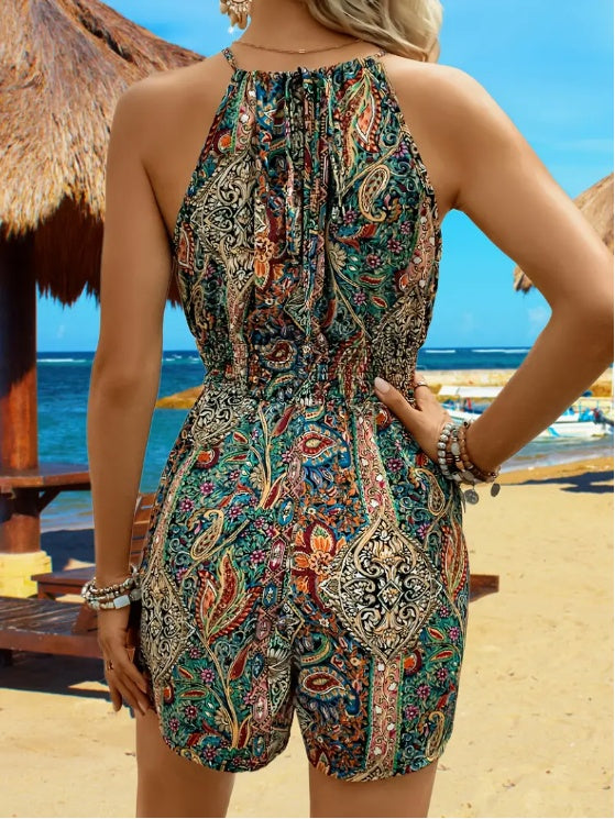 Vibrant Print Halter Romper Jumpsuit